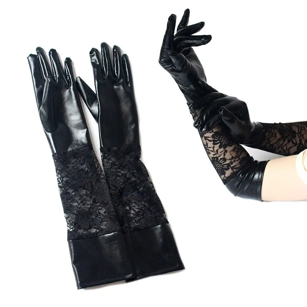 

Leather Lace Patchwork Long Gloves Sexy Dance Performance Punk Rock Gloves Black Gothic Clubwear Mitten Halloween