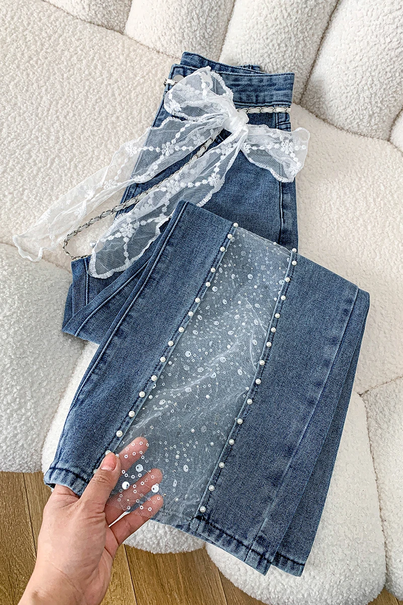 Jeans Y2K Baggy pour Femme, Printemps, avec Appliques en Dentelle, Cloutés de Cristaux, Denim Effiloché, Décorations de Perles, Coupe Évasée à Fente Haute