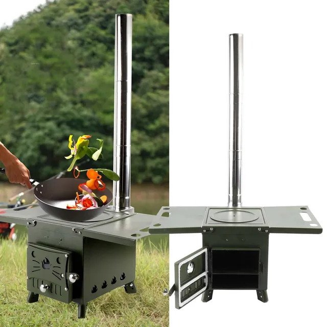 Összecsukható Fa Égő Kályha Nagy Teherbírású Küszöb Kéménycsővel Sátor Menedékhely Fűtés Kültéri Főzés