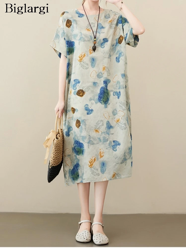 

Платье женское средней длины с цветочным принтом, Модный повседневный свободный плиссированный сарафан с коротким рукавом, в стиле оверсайз, на лето