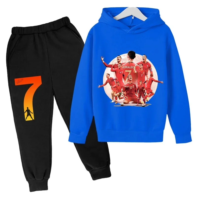 Conjunto de sudadera con capucha de primavera de Ronaldo, conjunto de 2 piezas de sudadera y pantalones azules informales para niños, ropa deportiva informal, chándal para niños