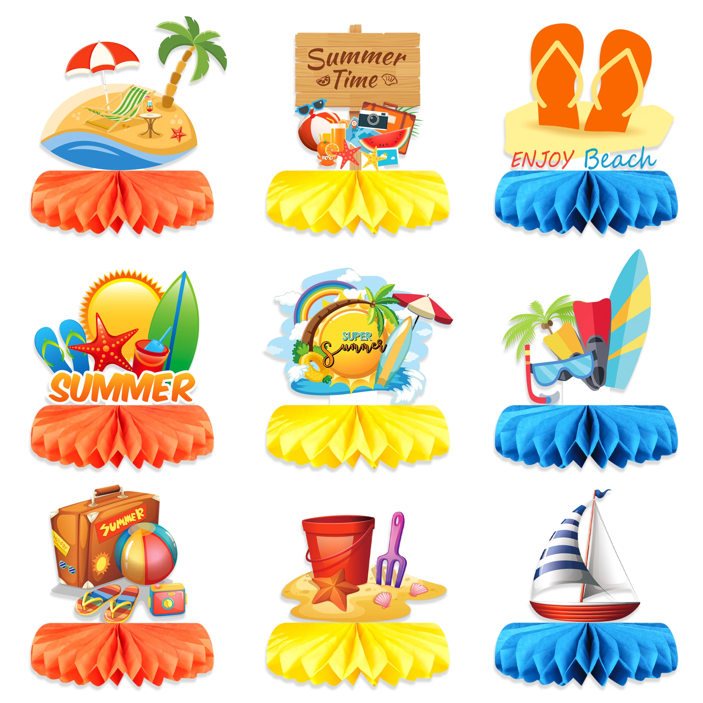 

9pcs/set Summer Beach Party Oranments Sun Beach Waves Honeycomb Ball Oranments Tropical Beach Pool Birthday Party Decoration