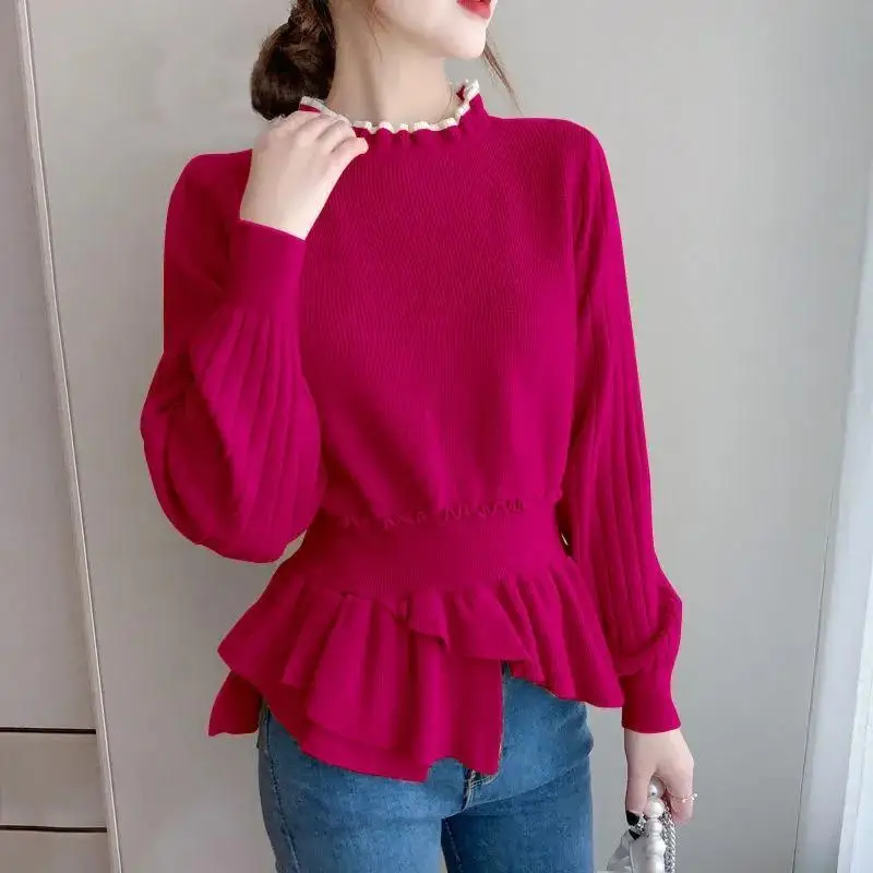 

Spring and Autumn Women's Solid Long Sleeve Knitted Bottom Waist Hemiline Ruffles Screw Thread Fashion Casual Office Lady Tops