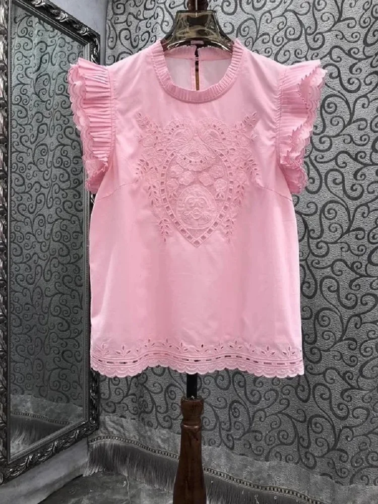 

Tops Fashion Designer Blouses 2024 Spring Summer Cotton Tops Ladies Luxurious Embroidery Ruffle Sleeve Apricot Pink Tops Female