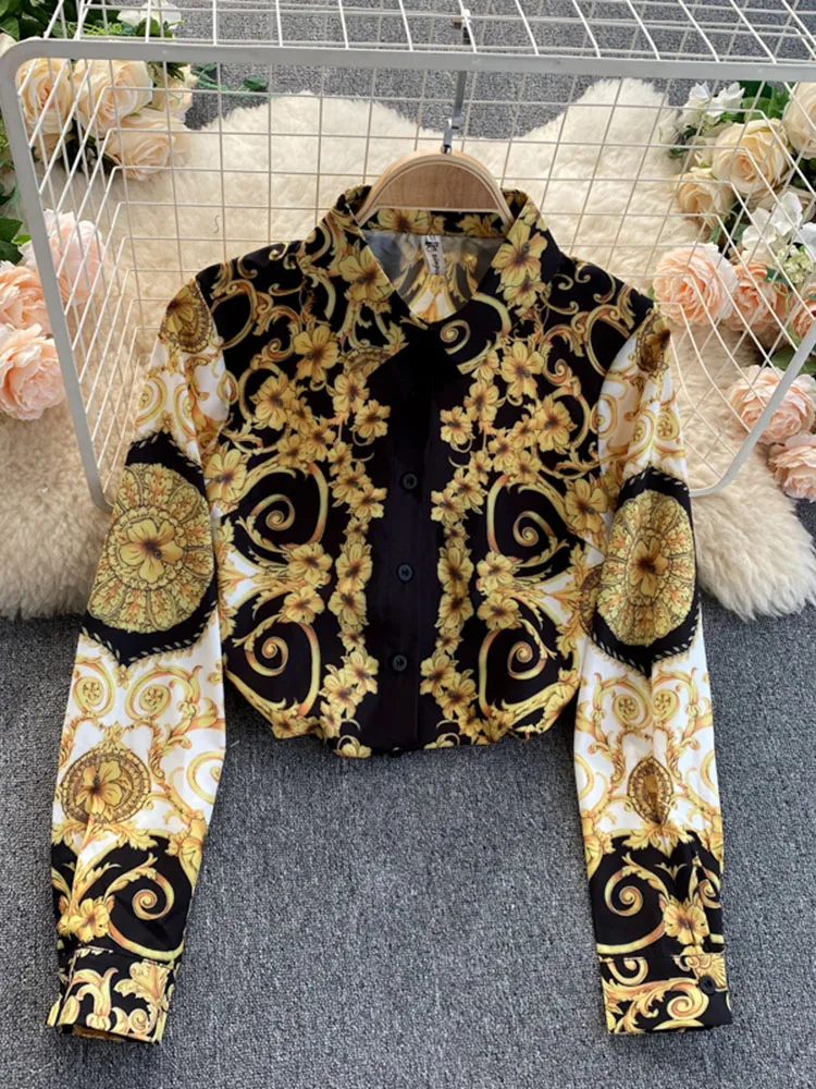 Spring Autumn Women's Blouse Tops New Bohemian Retro Turn-down collar Office Lady Trend Printing European American Shirt UK766