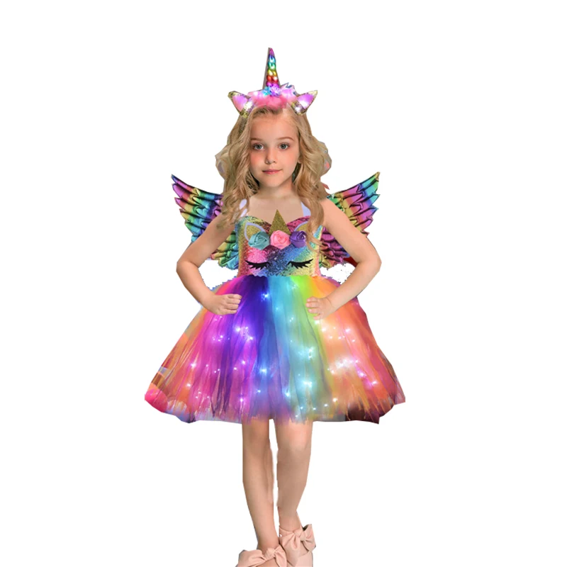 

Unicorn Mesh Girls Dress Birthday Party Costume Princess Dress Sequin Tutu Halloween Carnival Cosplay Costume With Wings