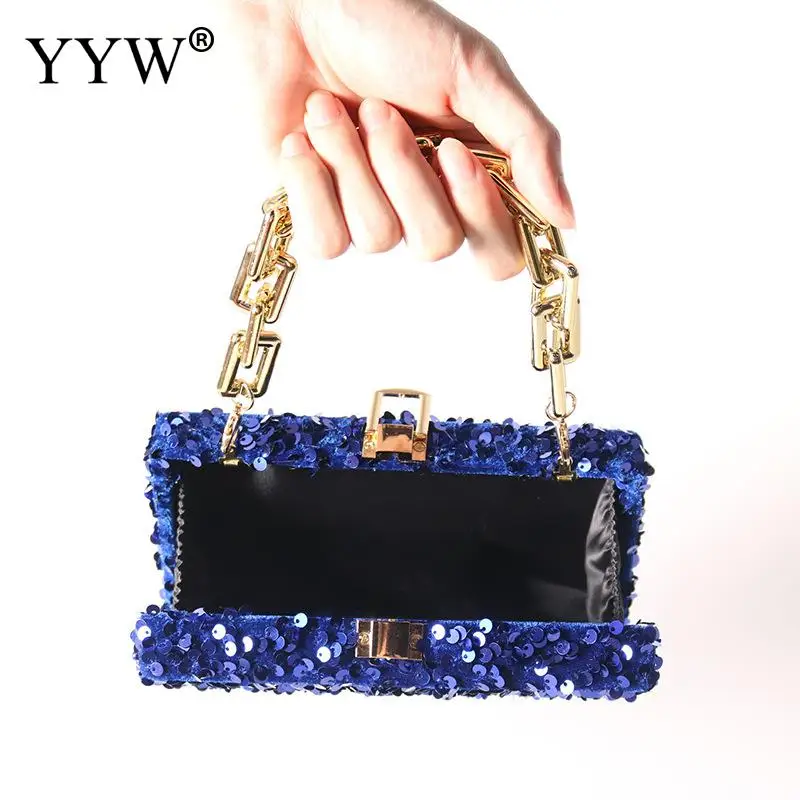 Luxury Bling Sequins Square Women Clutch Handbag Golden Metal Top Chain Handle Female Evening Party Cocktail Prom Purse Box Bag