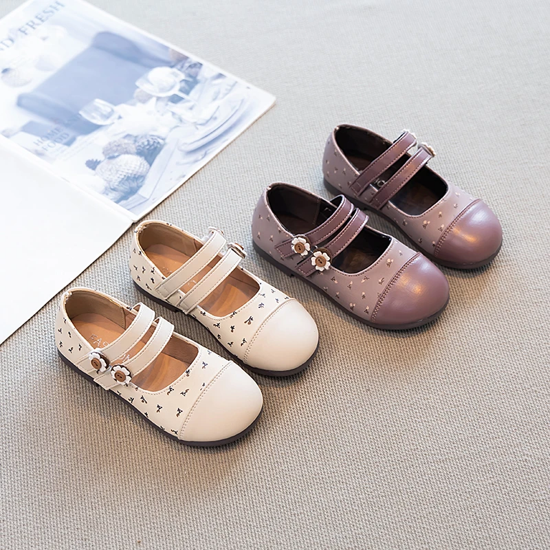 Leather Girls Ballet Flats with Floral Print Soft Sole