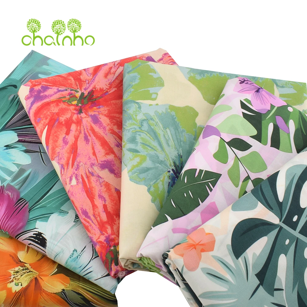 Chainho,Printed Plain Weave Poplin Cotton Fabric,DIY Quilting Sewing Material,Patchwork Cloth,Floral Series,2 Sizes,15PC226