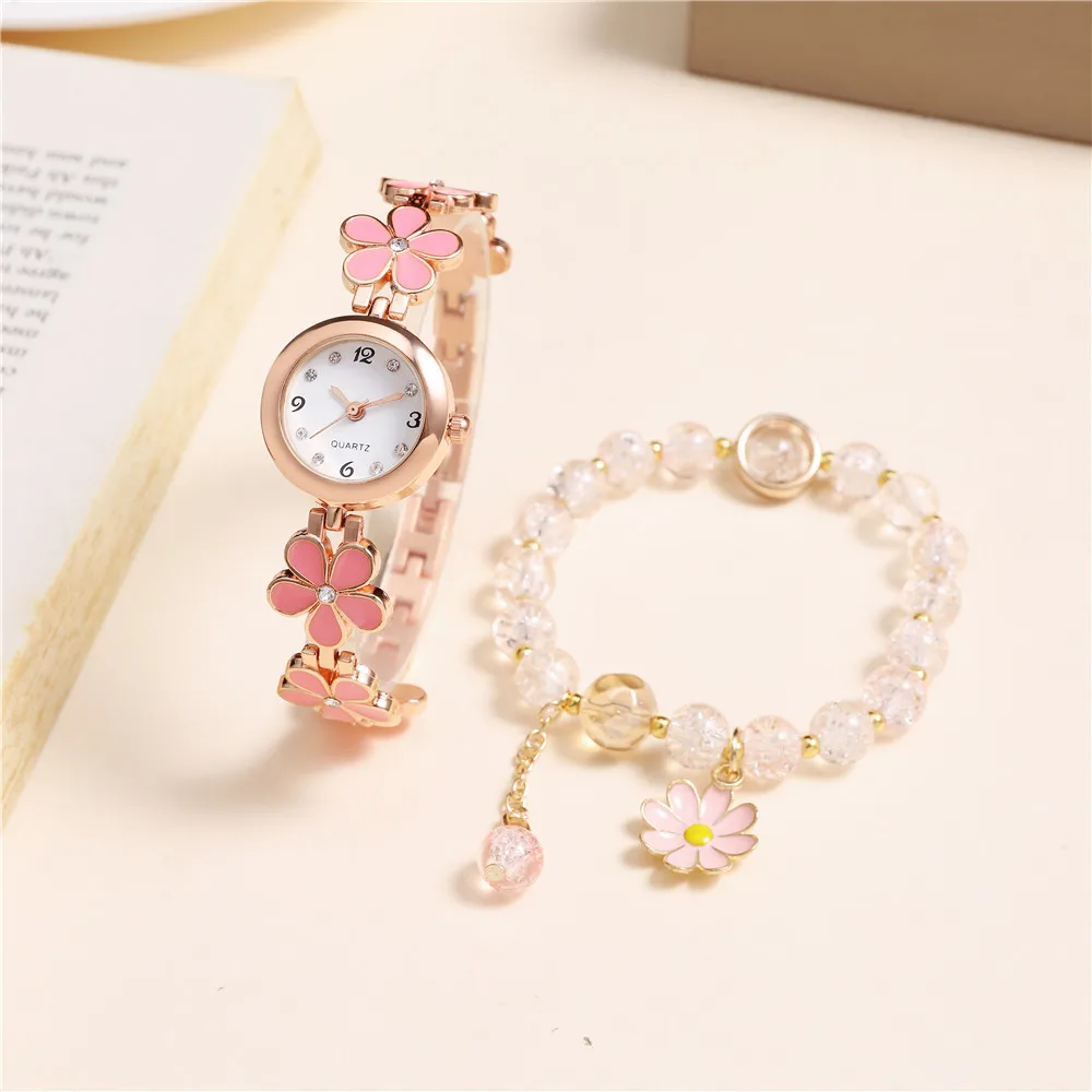 Ladies Sweet Flower Style Quartz Watch, Kirchen Stone Bracelet_voghion.com