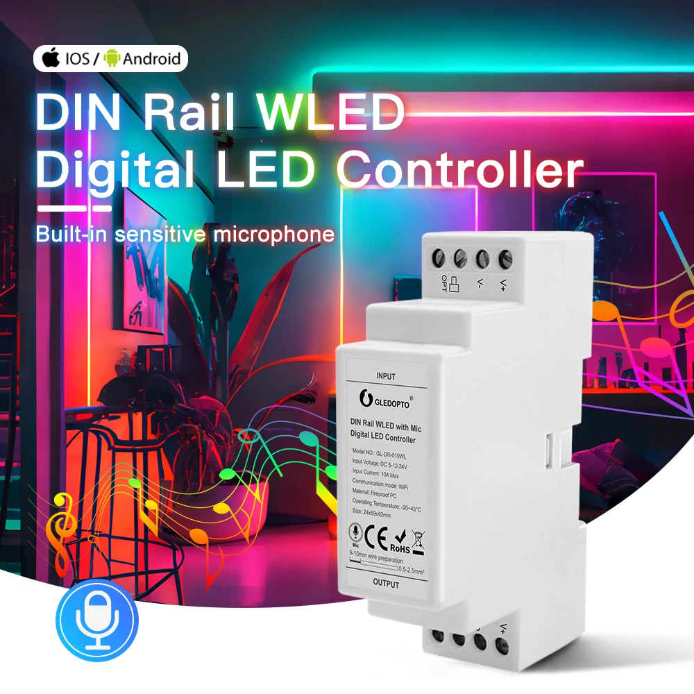 

GLEDOPTO Din Rail WLED Controller RGB IC With Mic DIY Dynamic Mode For WS2811 WS2812 SK6812 TM1814 WS2813 WS2815 LED Strip Light