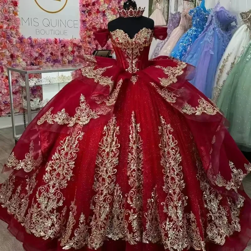 Wine Red Quinceanera Dresses Gold Applique Lace Sweetheart Off The Shoulder Crystal Beading Ball Gown Vestidos De 15 Anos