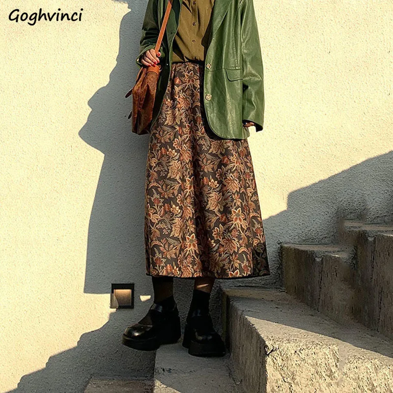 

Skirts Women Vintage Floral Autumn Winter High Waist Mid-calf A-line Baggy Fashion Harajuku Folk-style Popular Elegant Retro Ins