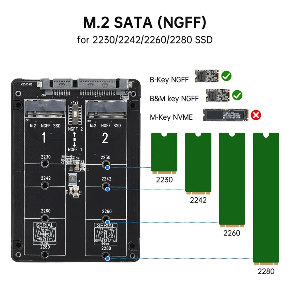 M.2 SATA (NGFF) to SATA 3.0 어댑터 카드, 듀얼 NGFF B 키, B & M 키, M.2 NGFF SDD to 2.5 인치 SATA III 컨버터 어댑터
