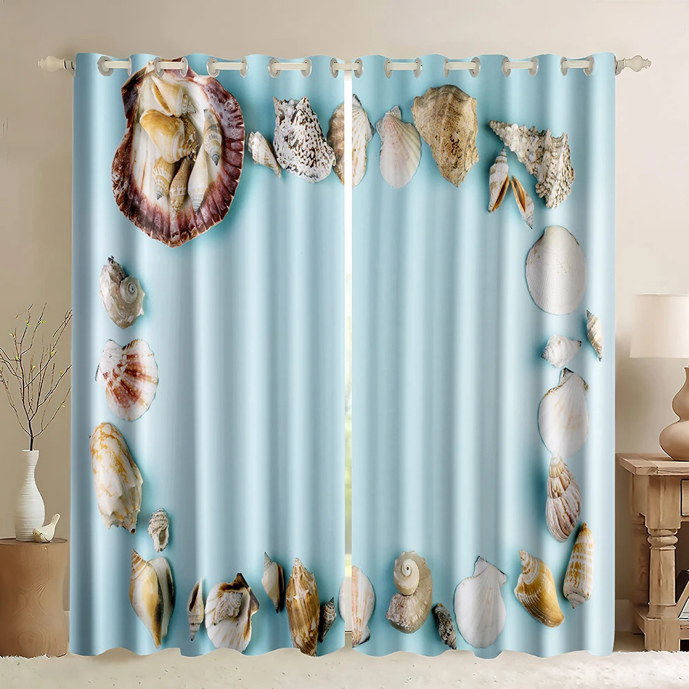 

Sea Shell Blackout Curtain,Various Conch Shells Blue Background,Landscape with Shells on Tropical Beach And Waves Window Curtain