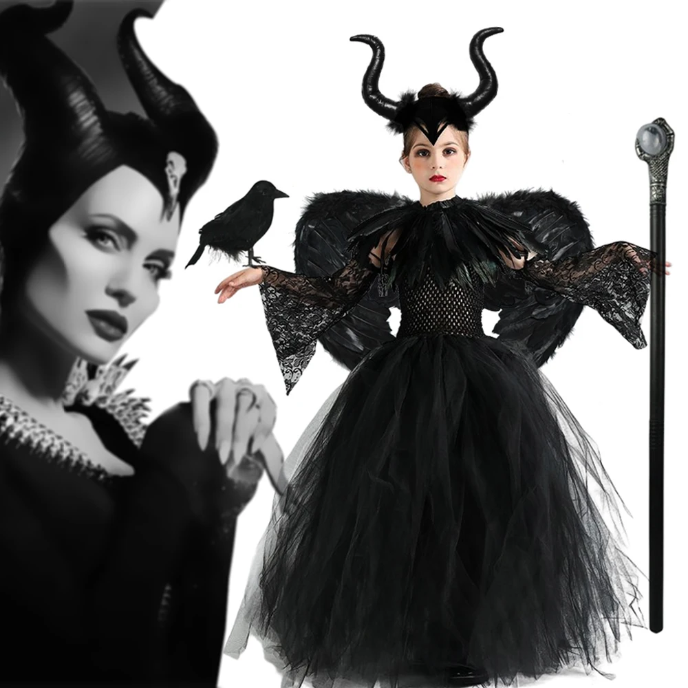 

Kid Girl Maleficent Costume Halloween Witch Costumes Cosplay Puffy Tulle Princess Dress Carnival Performance Dress Up Party