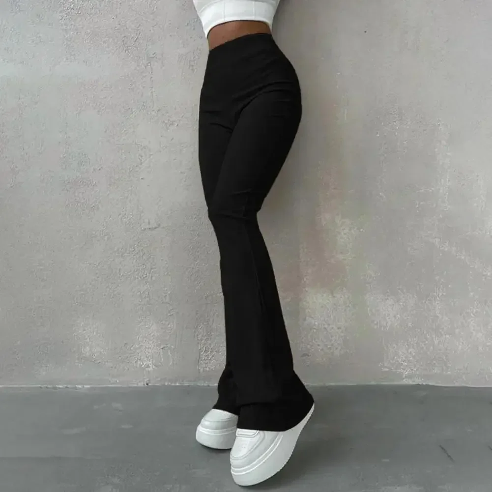 Polyester Fiber Pants Flared Leg Shape Pants High Elastic Waist Women's Yoga Pants with Flared Hem Soft Warm Fabric for Fall