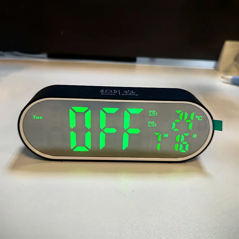 Description Picture 6 of itemDigital Alarm Clock TEMP Date Week 2 Alarms Night Mode Snooze 12/24H Anti-disturb Voice Control Rechargeable LED Mirror Clock