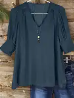 Plus Size Bohemian Style Vacation Short-Sleeved Linen Blend Shirt Top for Women