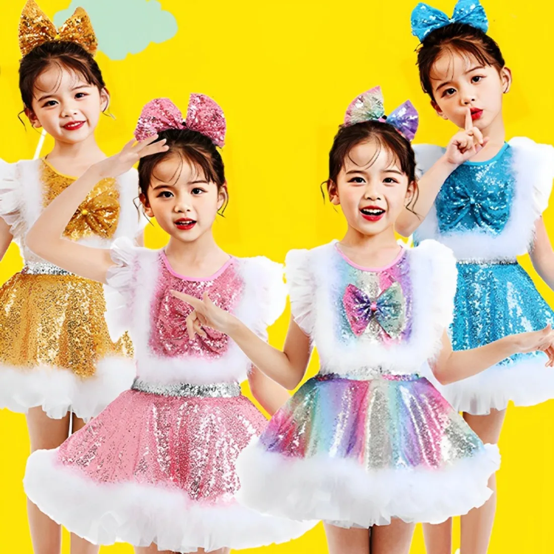 

Cute Princess Puffy Tulle Dress Performance Hosting Dress Girls Sequin Dance Outfit for Children's Day Kindergarten Show