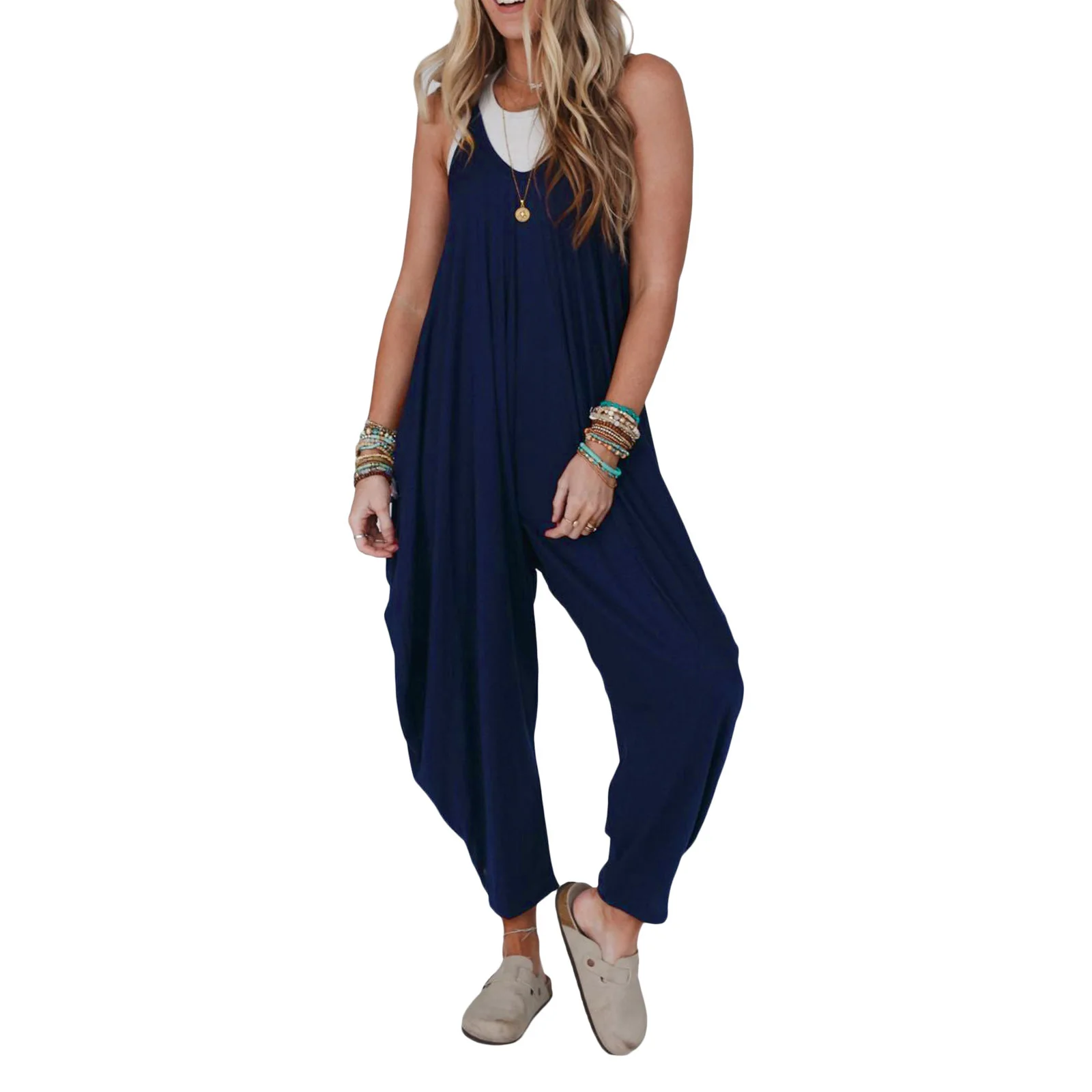 

Women's Summer Casual Jumpsuit Spaghetti Strap Overalls Wide Leg Harem Dungarees Loose Playsuit Boho Pocket Romper Streetwear