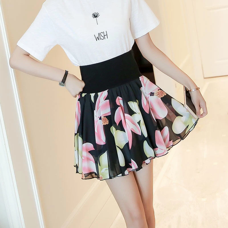 pleated midi skirt 2021 Chiffon Short Skirt Wave Dot Skirt Puffy  Pants Summer Large Anti Light High Waist Half  A-line Yarn  Female Big flower brown skirt Skirts