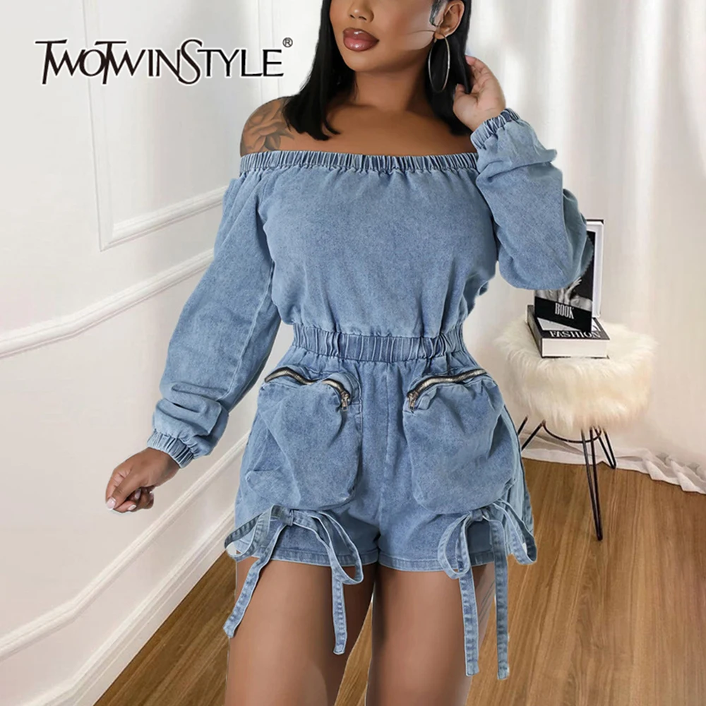 TWOTWINSTYLE Solid Streetwear Spliced Pocket Jumpsuit For Women Slash Neck Long Sleeve Tunic Chic Jumpsuits Female New KJU506841