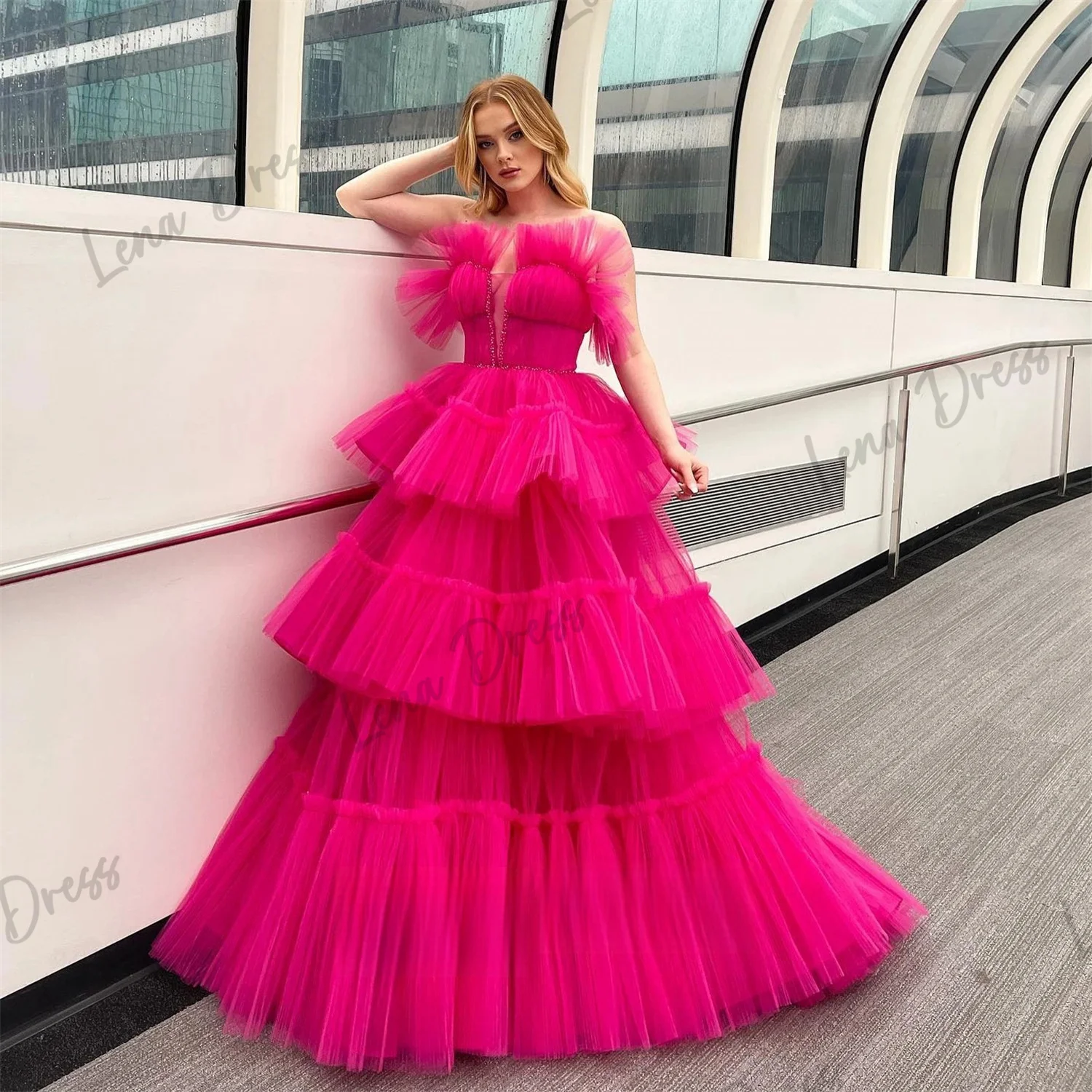 

Lena-Party Evening Dress Women's 2024 Party Dress Women's Elegant Luxury Mesh Evening Dress Rose Red Layered Strapless Fluffy