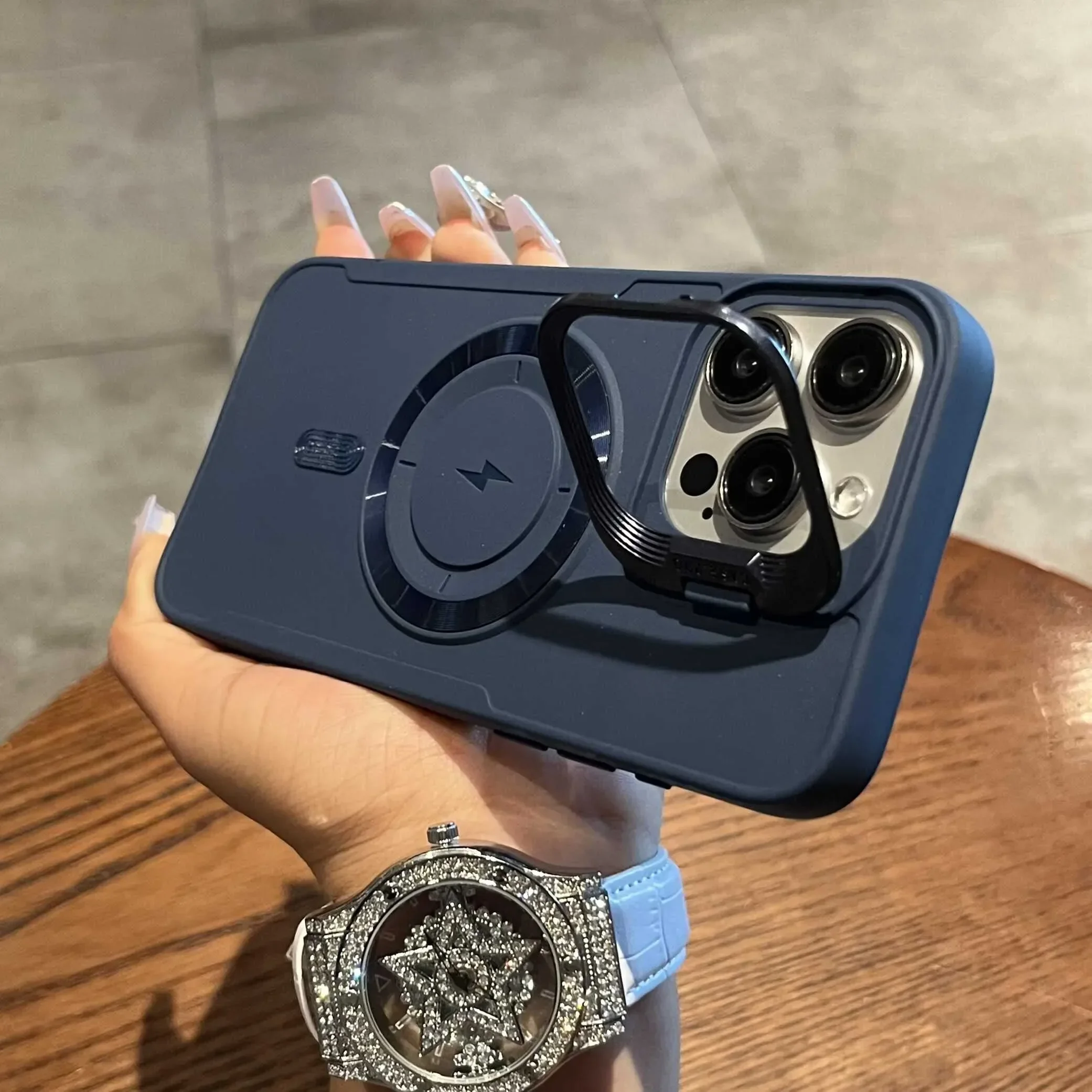 Luxury Flip-Up Lens Holder Magnetic Case with Magsafe Charging - Premium Silicone Soft Cover