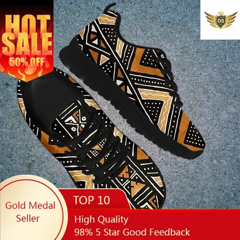 African Print Women Lace Up Sneakers Mesh Ladies Shoes Ethnic Tribal Pattern Light Casual Black Walking Footwear Dropship