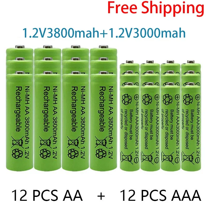 

Rechargeable Battery 1.2V AA 3800mAh NI-MH+AAA3000mAh NI-MH 1.2V AAA Battery Free of Shipping