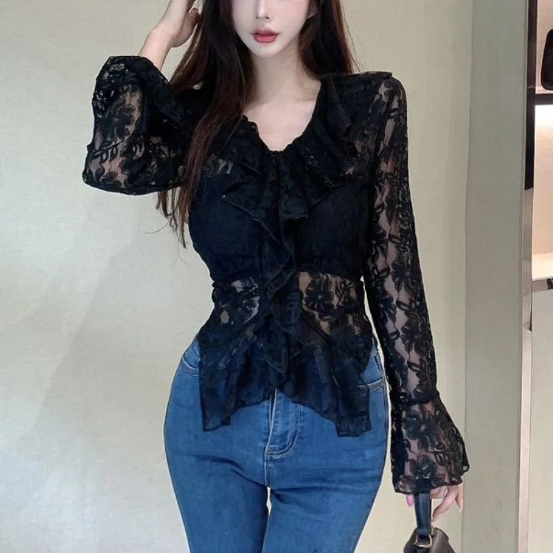 y2k Lace Blouse Women Coquette Clothes Sheer See Through Ruffle Flared Long Sleeve Shirt Top 2000s Clothing Streetwear