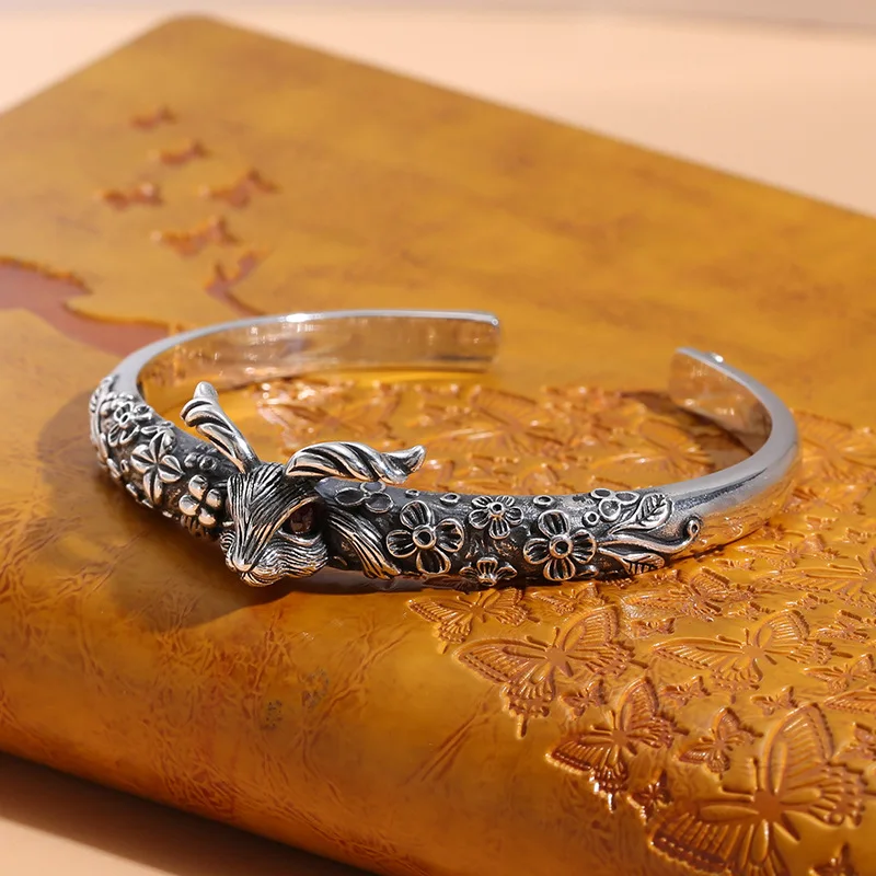 

S925 Sterling Silver Jewelry Women's Vintage Personalized Red Eyed Rabbit Head Open Bracelet Small Design Silver Bracelet Women