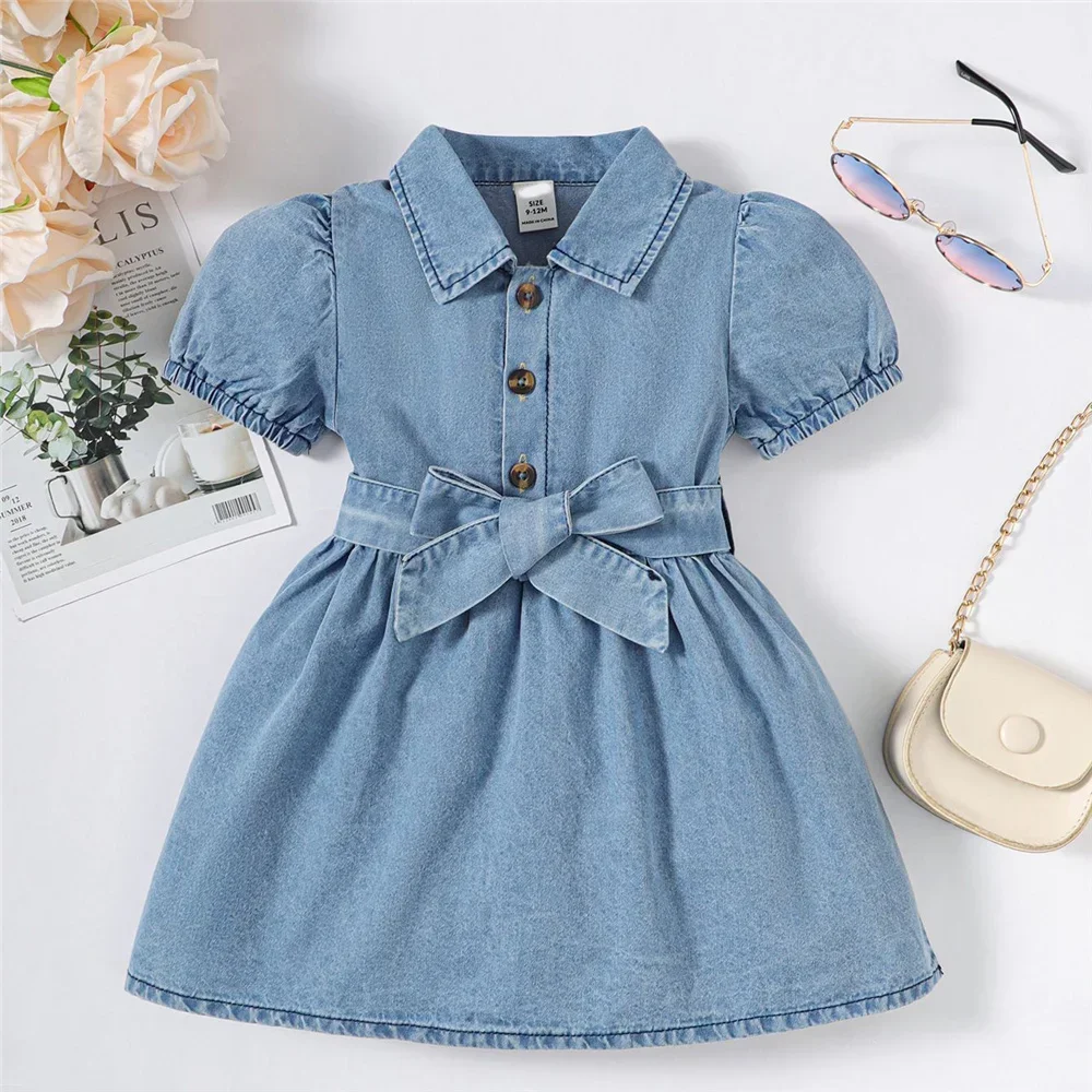 Toddler girl dress Summer Toddler Baby Girl Fashion dress Bubble sleeve Lapel Jeans Casual dresses Birthday party costumes for Kid girls 1-3 Years