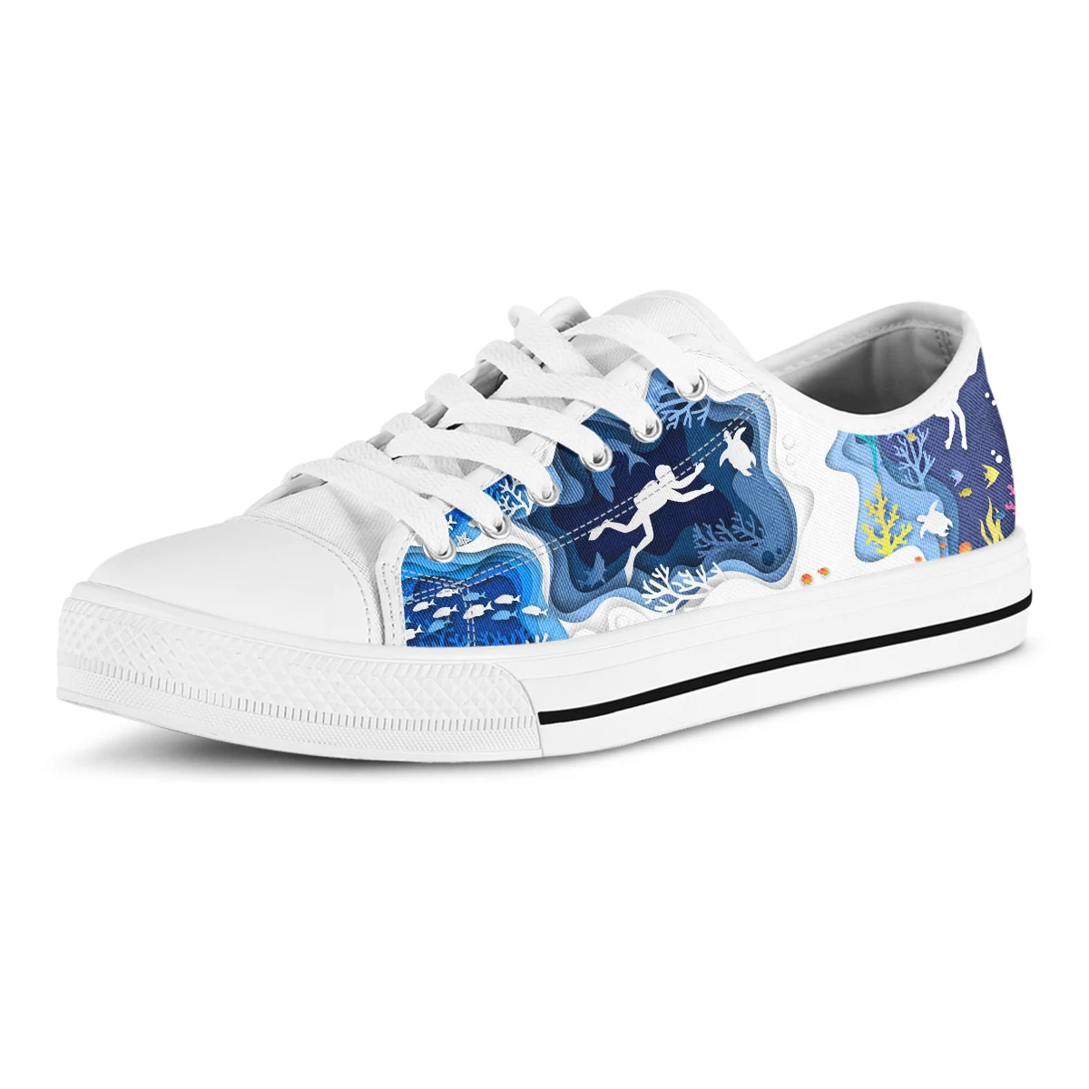 Blue White Sea Diving Pattern Low Top Women's Canvas Shoes New Style Women's Casual Shoes Comfort Sneakers