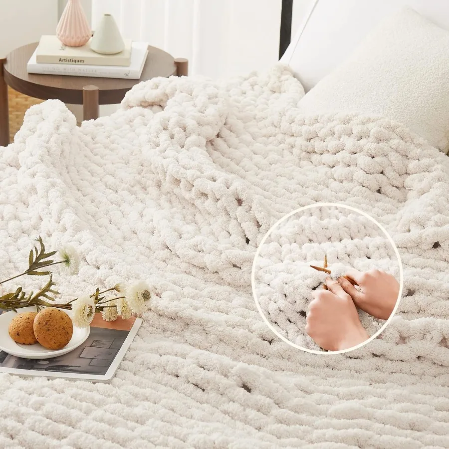 Chunky Knit Blanket Throw: 80''x90'' Chenille Chunky Knitted Throw Blanket for Bed Couch Handmade Thick Big Cable Knit Blanket
