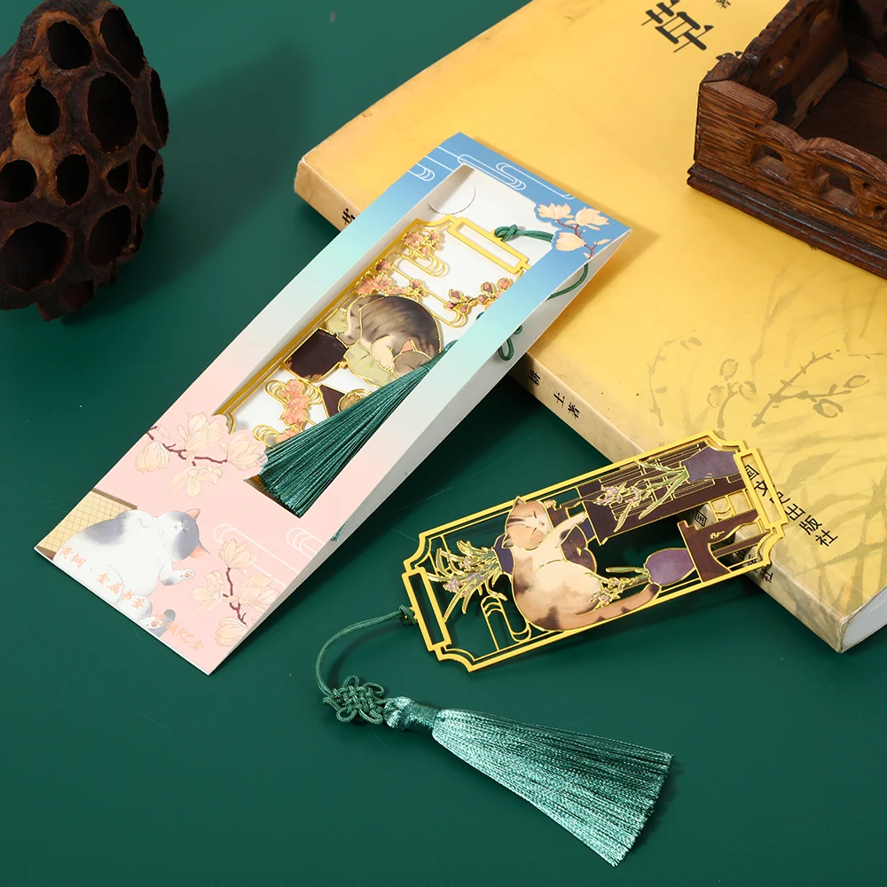 Chinese Style Cat Brass Bookmark Tassel Pendant Book Clip Metal Pagination Mark Student Gift Stationery School Office Supplies metal bookmark animal bookmark bookmark page holder bookmark holder