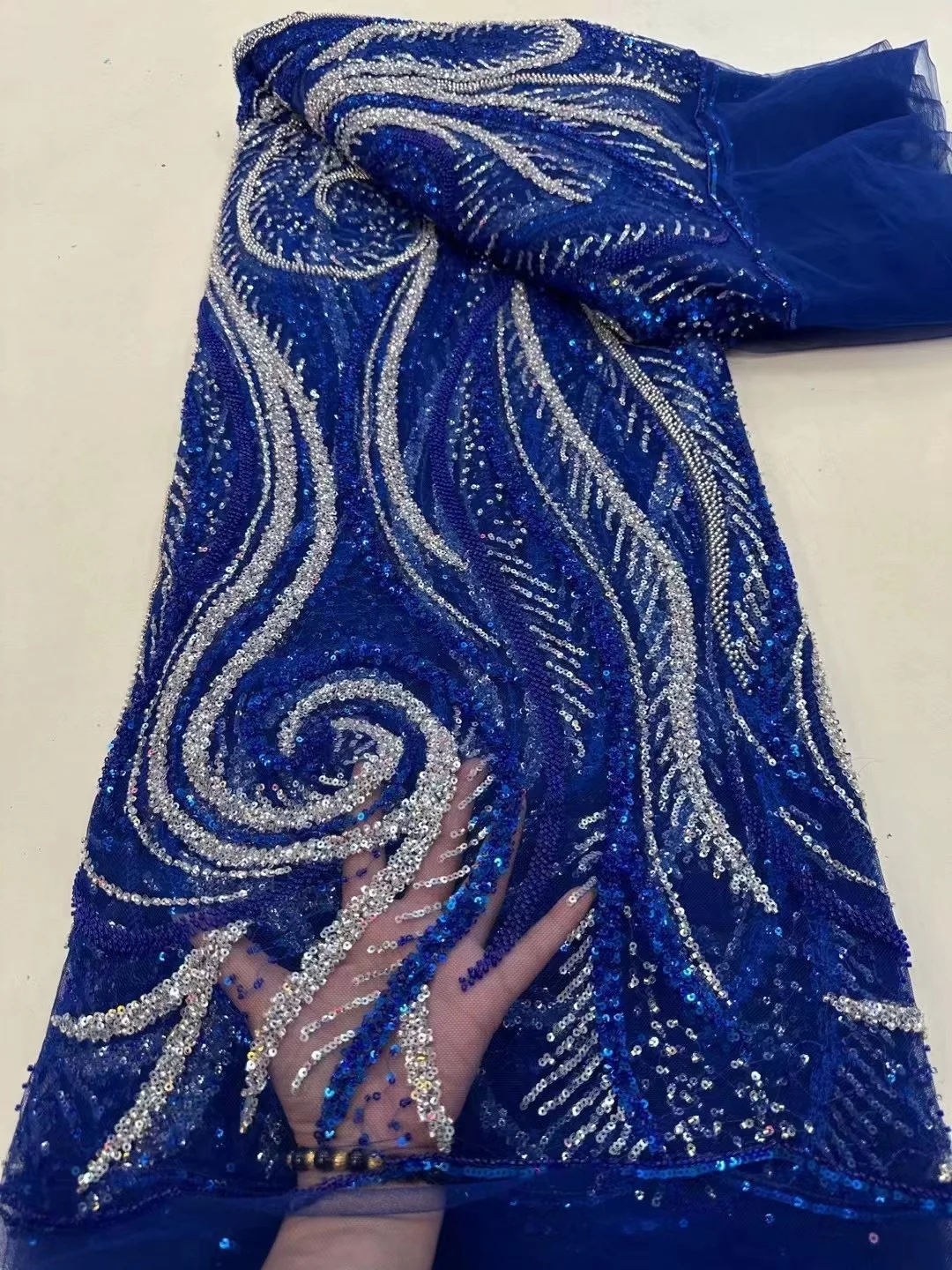 

Luxury Beads Sequence African Lace Fabric 5 Yards High Quality French Tulle Sequins Nigerian Asoebi Wedding Fabrics Sewing