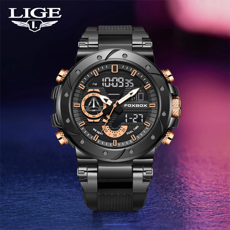 LIGE 2024 New Watch Men Top Brand Luxury Quartz Men’s Watches 50M Waterproof Sports Silicone strap Big Wrist Watch Male Clock