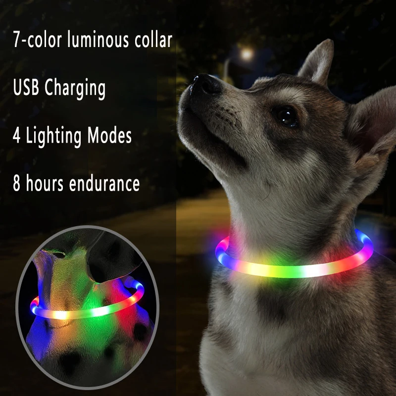 

Светящийся ошейник для собак с USB-зарядкой, 7 ярких лампочек, Женский ошейник, мягкий силиконовый ошейник для домашних животных, более удобный для собак
