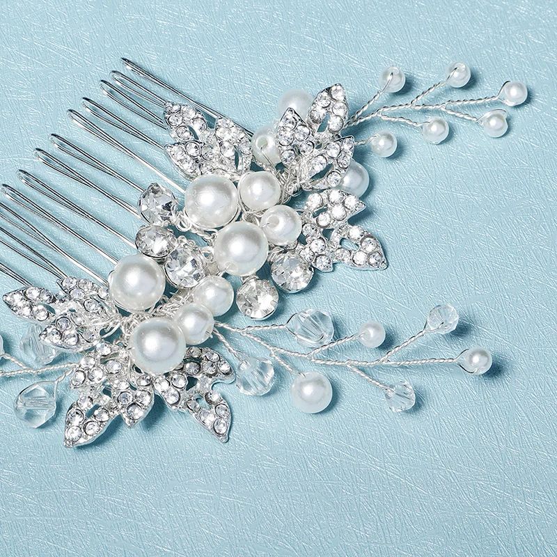 Bridal Hair Accessories Pearl Hair Combs Clips Rhinestone Silver Color Bride Headpiece