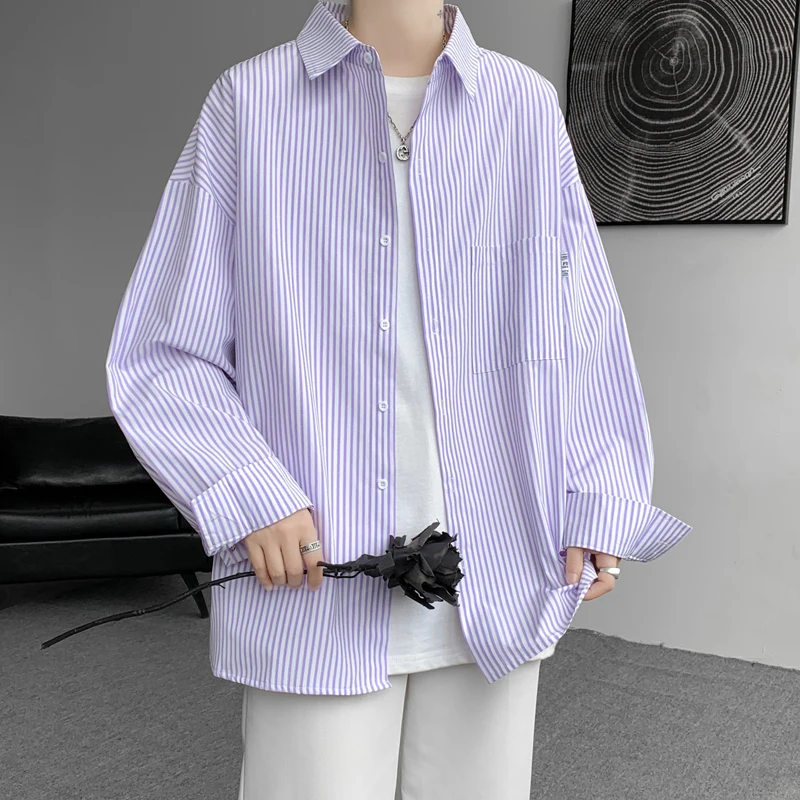 

Men's Long Sleeve Vertical Stripe Shirts Male Evening Blouses Loose Fashion Casual Dress Spring Summer 2024 Tops Clothing N21