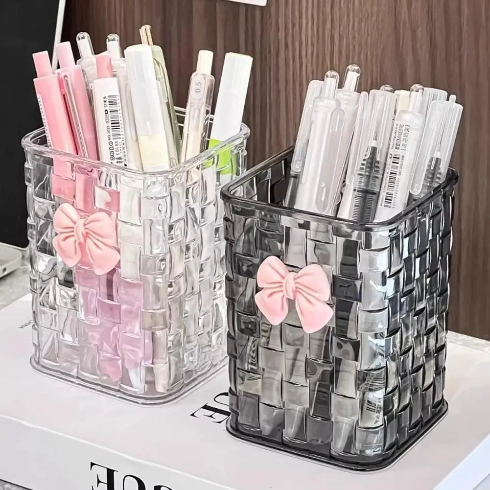 Organizer da scrivania in acrilico trasparente con fiocco decorativo - Portapenne e cestino portaoggetti resistente per forniture da ufficio, penne e accessori