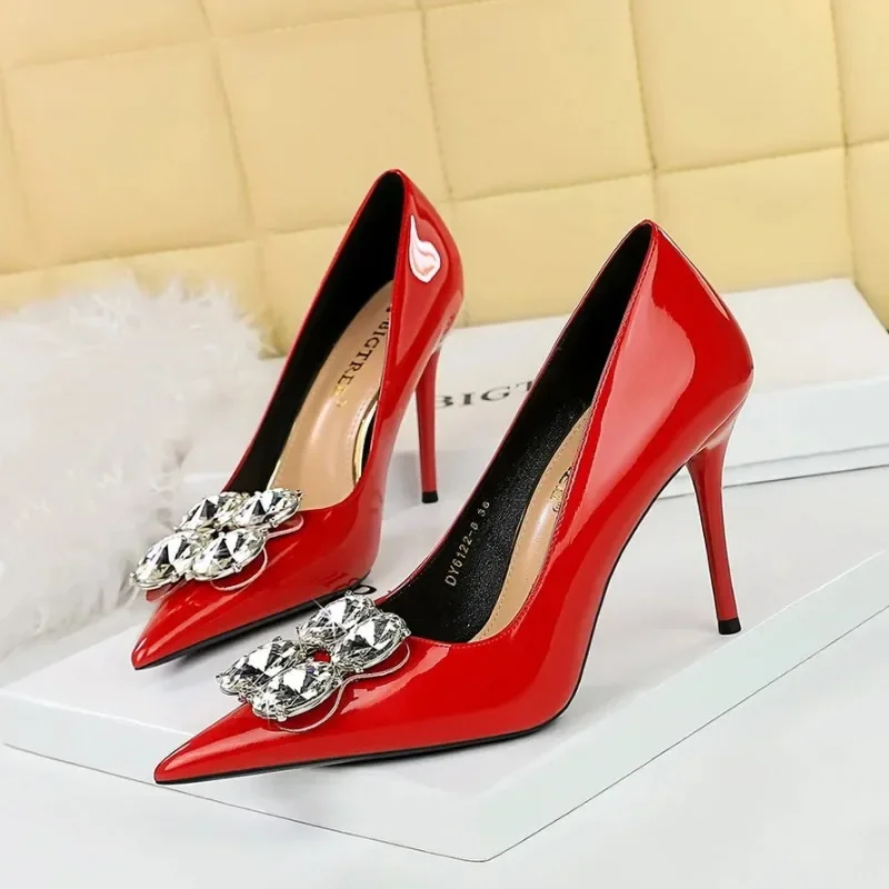 

Party high heels women's shoes slim high heels patent leather shallow mouth rhinestone pointy buckle single shoes