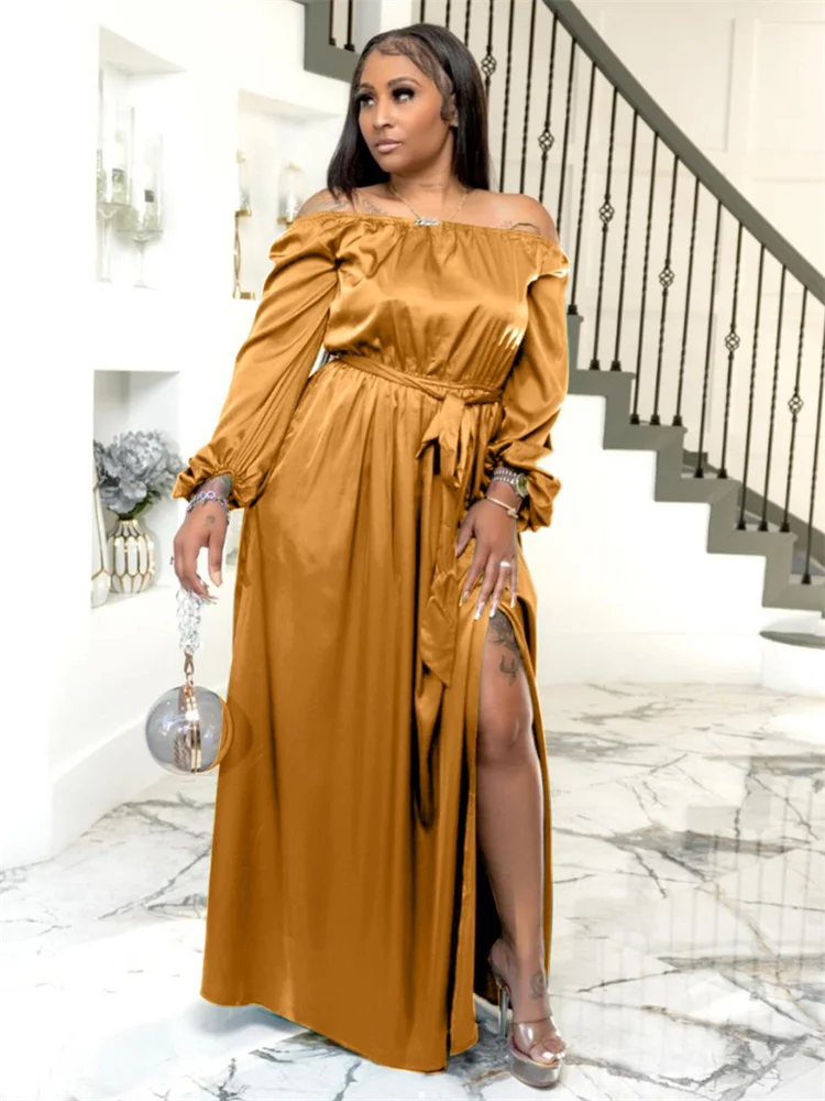 Wmstar Plus Size Dresses for Women Off Shoulder Sleeve Loose Stretch Elastic Waist Maxi Dress Fall Wholesale Dropshipping 2024