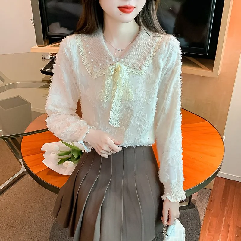 Thin/Thick Autumn Winter New Korean Doll Collar Lace Bottoming Shirt Fashion Long Sleeve Top