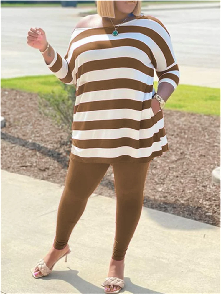 Plus Size Women Sets Striped Tops And Pencil Pants 2023 Spring Two Piece Set Female Designer Cloth Casual Sweatshirt Tracksuit