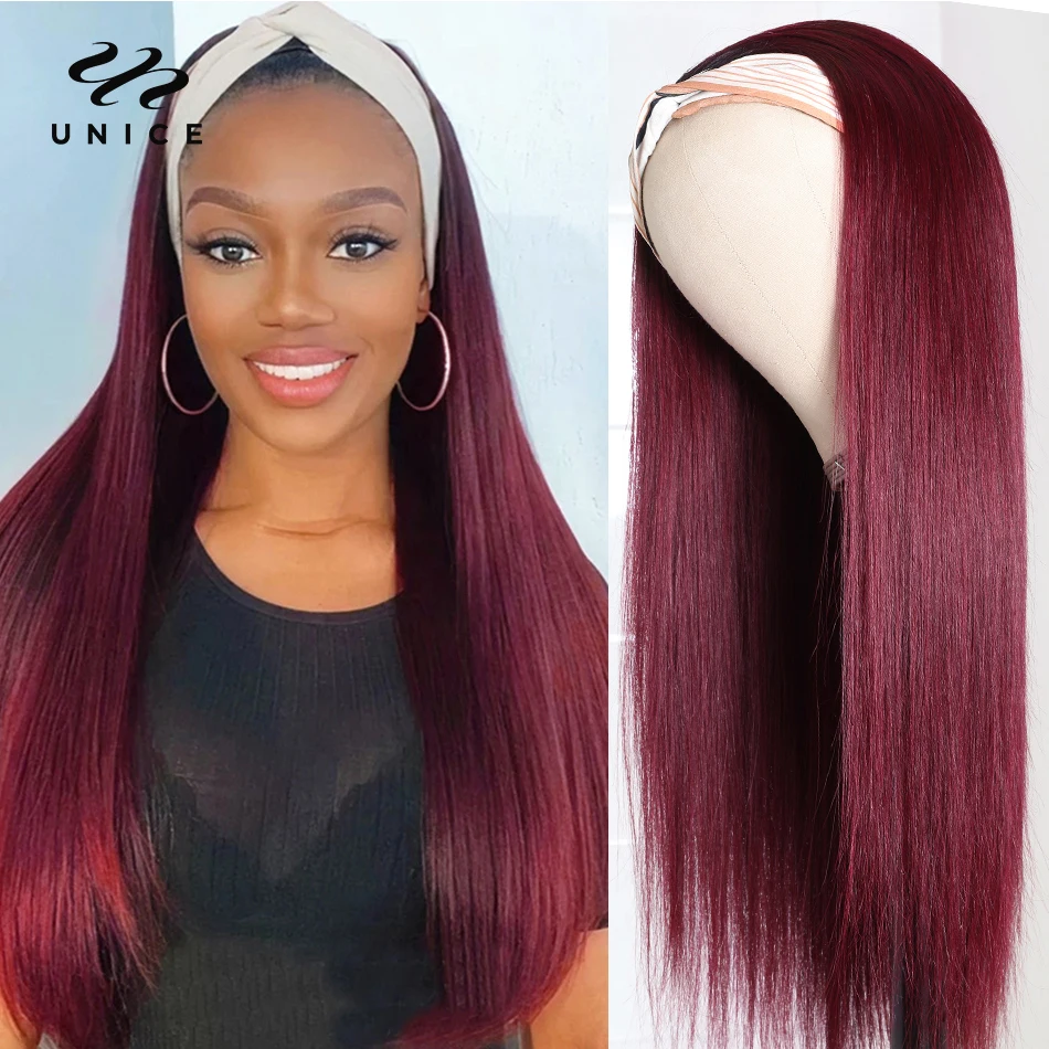 Unice Headband Wig Colored Hair With Baby Hair Ombre 99j Wine Red Color  Straight Human Hair Headband Wig With Black Roots - Full Machine Wigs -  AliExpress