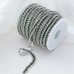 Triple - Row Crystal Rhinestone Chain with Silver Base and Glass Gems for Garment Decoration and Sewing Trim (Dark Green)