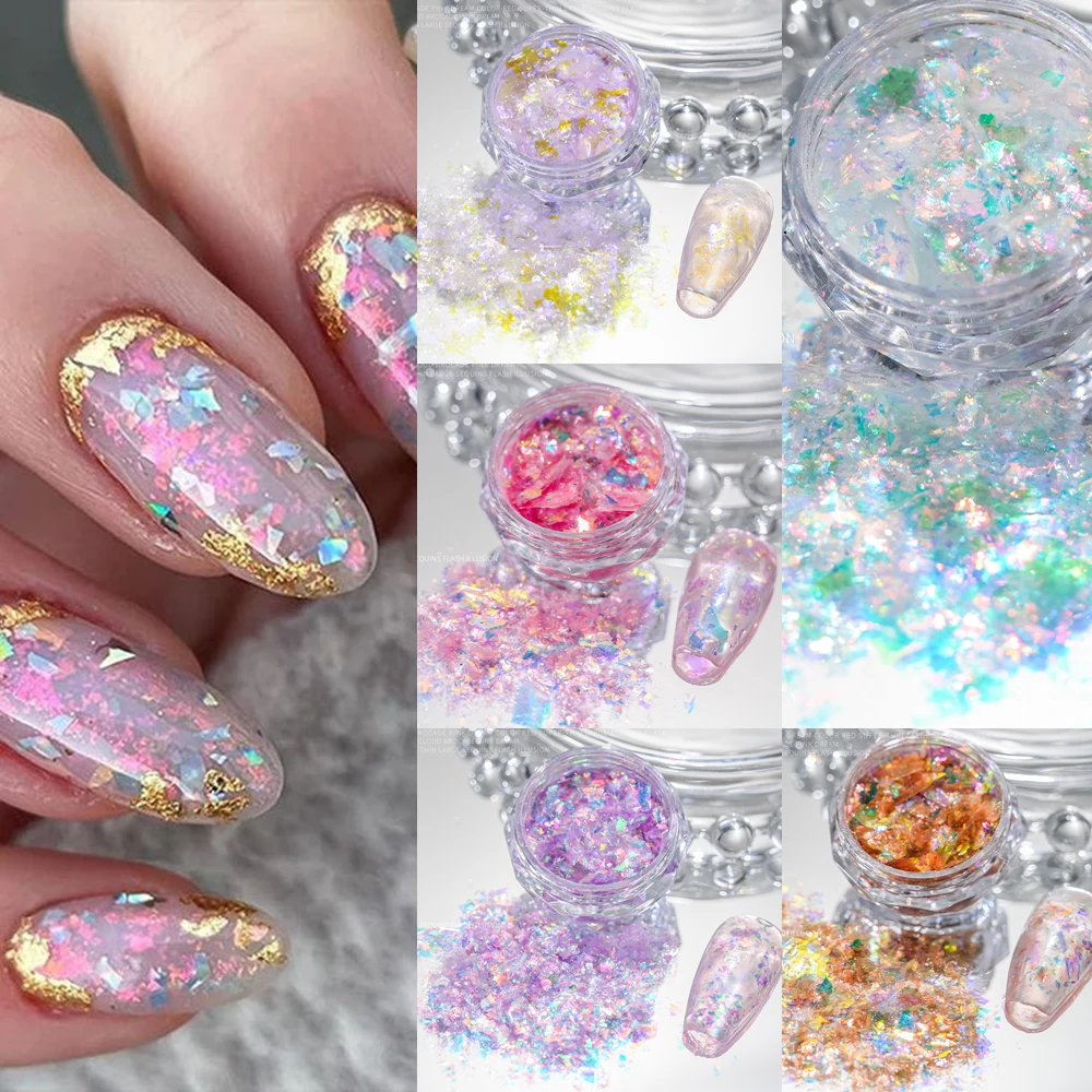 Manicure Iridescente Ice Crystal Opal Paillettes Nails Flakes Holographic Sparkly Brocade Aurora Glitter Powder Color Glass Pigment